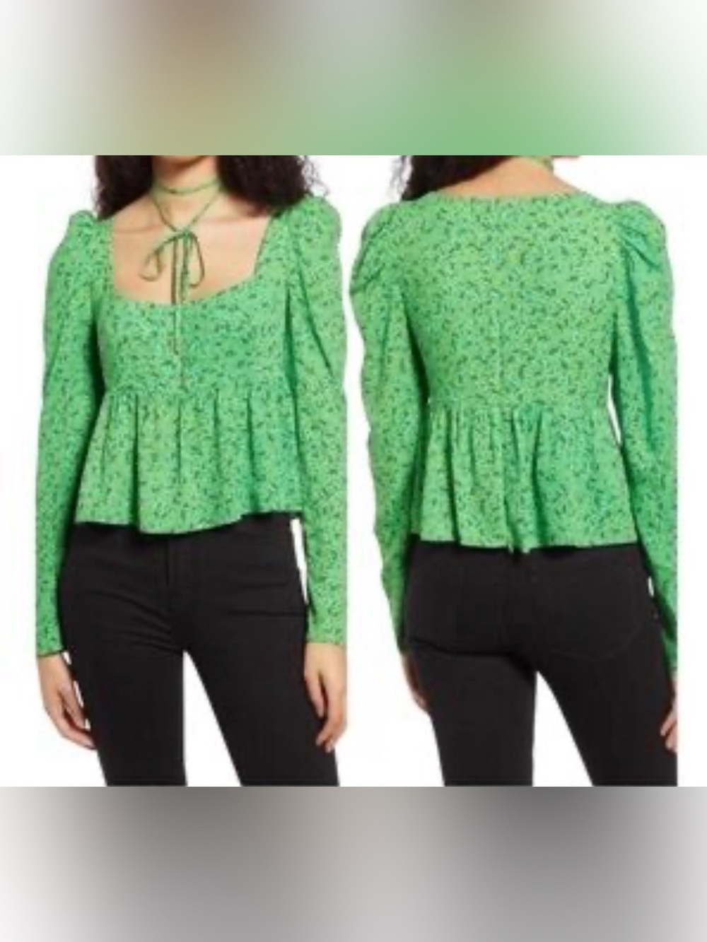 AFRM Hough Peplum Green Floral Long Sleeve Blouse
